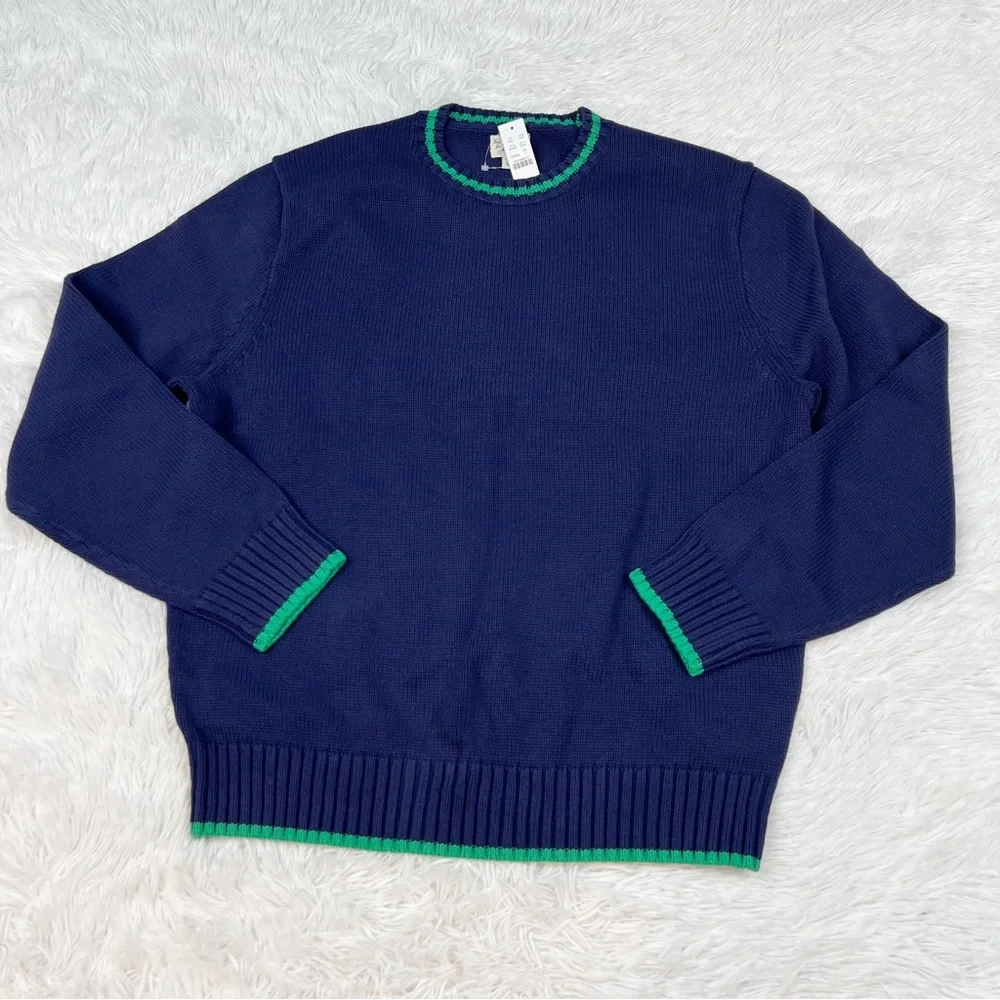 J Crew long sleeve Heritage cotton tipped pullover sweater crew neck navy blue‎